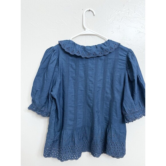 Gap x DOEN Eyelet Shirt Large Indigo Puff Sleeve Button Front Ruffled Collar Top - Picture 10 of 10